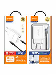 SENDEM OG34 ЗУ с TYPE-C/USB + кабель Type-C -Type-C 1.2м (PD20W+QC3.0, 3000mA)