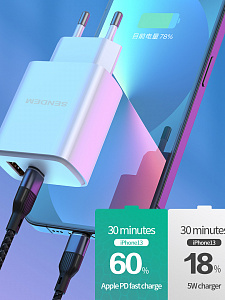 SENDEM OG34 ЗУ с TYPE-C/USB + кабель IOS Lightning-Type-C 1.2м (PD20W+QC3.0, 3000mA)