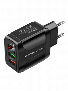Зарядное устройство для телефона на 2 гнезда, Быстрая зарядка 20W адаптер QC 3.0 с дисплеем Орбита OT-APU59 Черный