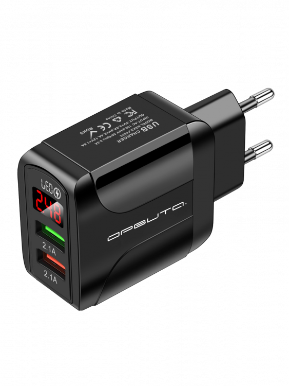 Зарядное устройство для телефона на 2 гнезда, Быстрая зарядка 20W адаптер QC 3.0 с дисплеем Орбита OT-APU59 Черный