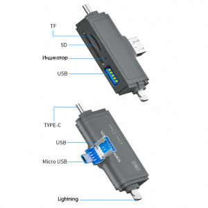 Картридер универсальный USB, Type-C, Lightning для карт памяти MICRO SD, SD Орбита OT-PCR27