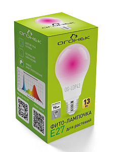 Фитолампочка, фитолампа светодиодная для растений Е27, 13Вт Огонек OG-LDP43