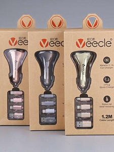 VEECLE HM-C13 MicroUSB/Type-C/iPhone ЗУ в прикуриватель USB + кабель (5B,2100mA)