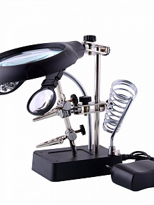 Третья рука для пайки с подсветкой , универсальный держатель на подставке с лупой 2 руки Орбита OT-INL46