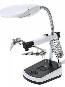 Третья рука для пайки с подсветкой , универсальный держатель на подставке с лупой 2 руки OT-INL44