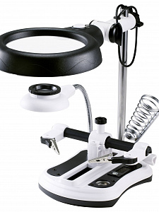 Третья рука для пайки с подсветкой, универсальный держатель на подставке с лупой 2 руки Орбита OT-INL47