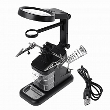 Третья рука для пайки с подсветкой, универсальный держатель на подставке с лупой 2 руки Орбита OT-INL48