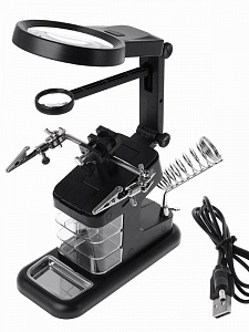 Третья рука для пайки с подсветкой, универсальный держатель на подставке с лупой 2 руки Орбита OT-INL48