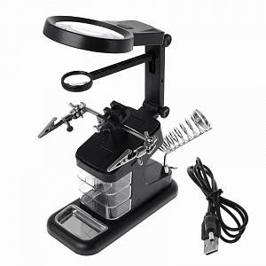 Третья рука для пайки с подсветкой, универсальный держатель на подставке с лупой 2 руки Орбита OT-INL48