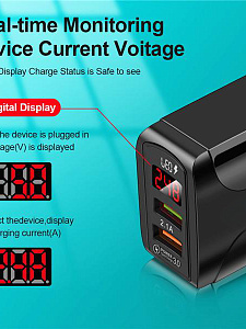 Зарядное устройство для телефона на 2 гнезда, Быстрая зарядка 20W адаптер QC 3.0 с дисплеем Орбита OT-APU59 Черный