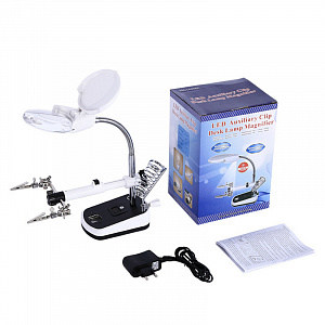 Третья рука для пайки с подсветкой , универсальный держатель на подставке с лупой 2 руки OT-INL44