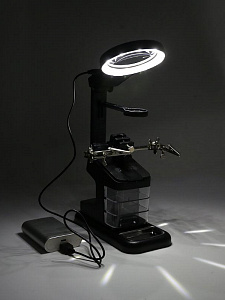 Третья рука для пайки с подсветкой, универсальный держатель на подставке с лупой 2 руки Орбита OT-INL48