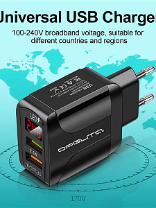 Зарядное устройство для телефона на 2 гнезда, Быстрая зарядка 20W адаптер QC 3.0 с дисплеем Орбита OT-APU59 Черный