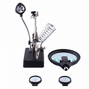 Третья рука для пайки с подсветкой , универсальный держатель на подставке с лупой 2 руки Орбита OT-INL46