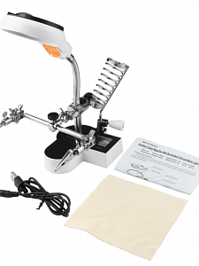 Третья рука для пайки, универсальный держатель на подставке с лупой 2 руки Орбита OT-INL61