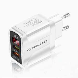 Зарядное устройство для телефона на 2 гнезда, Быстрая зарядка 20W адаптер QC 3.0 с дисплеем Орбита OT-APU59 Белый
