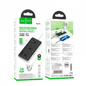 HOCO AC7 Черный сетевой фильтр (3гн, 1*Type-C,3*USB) 1.5м