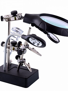 Третья рука для пайки с подсветкой , универсальный держатель на подставке с лупой 2 руки Орбита OT-INL46