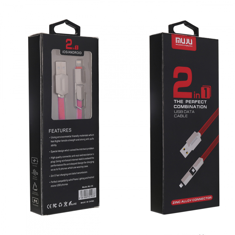 MUJU MJ-38 кабель USB 2A (microUSB/iOS Lighting) 1м