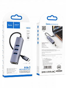 HOCO HB34 концентратор Type-C (3*USB 3.0, RG45) 1.5м