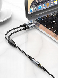 HOCO UPA21 кабель аудио (гнездо Джек 3.5 мм на 2*штекера 3.5мм) 25см