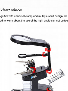 Третья рука для пайки с подсветкой, универсальный держатель на подставке с лупой 2 руки Орбита OT-INL48