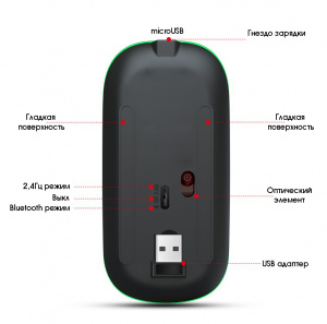 Мышь беспроводная бесшумная с подсветкой 2 в 1 Орбита OT-PCM66 Черная