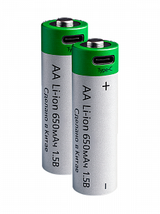 Аккумулятор пальчиковый AA R6, 650мАч, 1.5V от USB Type-C, 2шт Орбита
