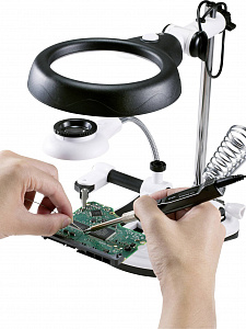 Третья рука для пайки с подсветкой, универсальный держатель на подставке с лупой 2 руки Орбита OT-INL47