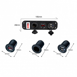 Розетка питания на 2 USB гнезда + прикуриватель 12-24В TDS TS-CAU45 Красная