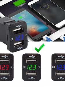 Розетка питания. Разъем в авто врезной на 2USB гнезда12-24В TDS TS-CAU47 Зеленая