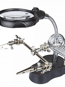 Третья рука для пайки с подсветкой, универсальный держатель на подставке с лупой 2 руки Орбита OT-INL03