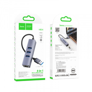HOCO HB34 концентратор USB (3*USB 3.0, RG45) 1.5м