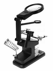 Третья рука для пайки с подсветкой, универсальный держатель на подставке с лупой 2 руки Орбита OT-INL48