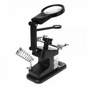 Третья рука для пайки с подсветкой, универсальный держатель на подставке с лупой 2 руки Орбита OT-INL48