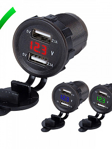 Розетка питания на 2 USB гнезда12-24В круглая TDS TS-CAU49 Красная